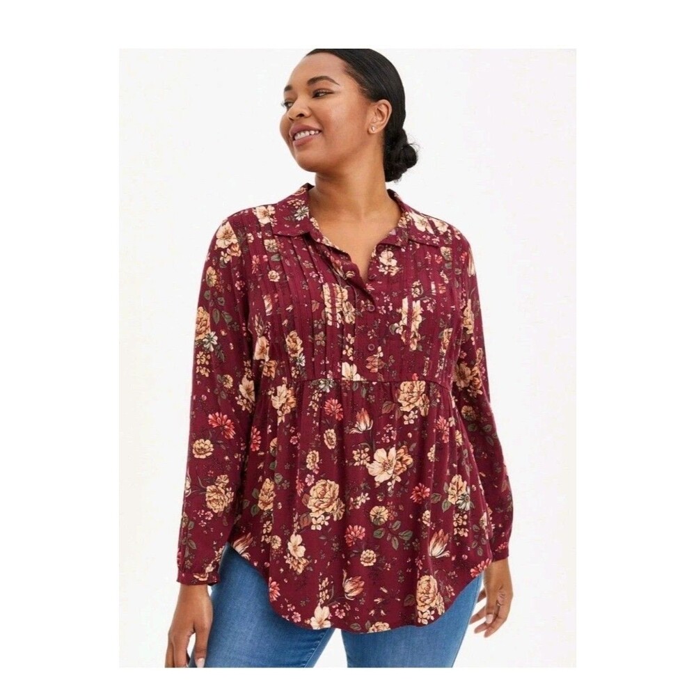 Torrid Floral Top 1 1X Rayon Slub Lace Trim Tunic Babydoll Lenny Boho Cottage